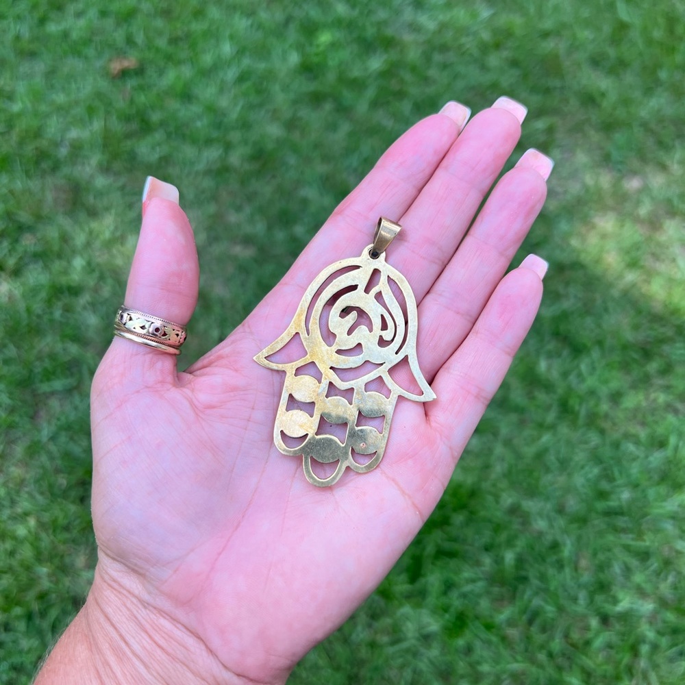 Large Brass Thin Indian Hamsa Hand Pendant